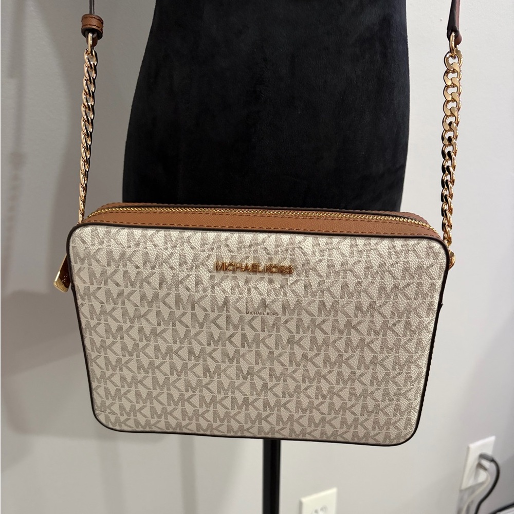 Michael Kors Tan and Brown Logo Crossbody Bag
